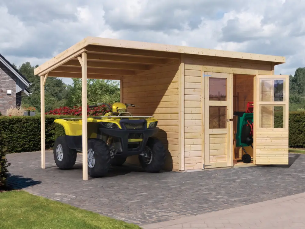 Gereedschapshuisje Merseburg 4 incl. 166 cm aanbouwdak ECO 14 mm onbehandeld Nieuw