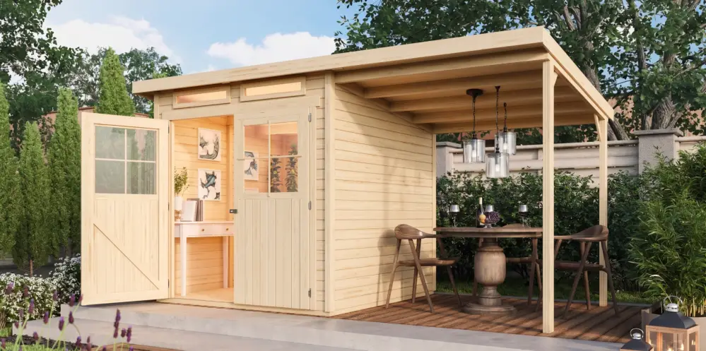 Direct Verzonden Tuinhuis Glücksberg 3 19 mm onbehandeld incl. 1,9 m aanbouwdak