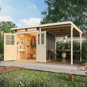 Tuinhuis Glücksberg 3 19 mm terragrijs incl. 1,9 m aanbouwdak Dagaanbieding