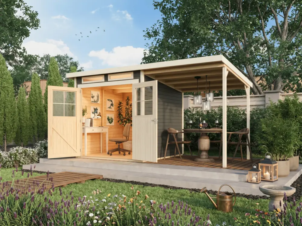 Tuinhuis Glücksberg 3 19 mm terragrijs incl. 1,9 m aanbouwdak Dagaanbieding