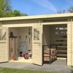 Tuinhuis blokhutconstructie "Linz" 19 mm onbehandeld incl. vloer + 150 cm aanbouw Merkproduct