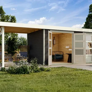Betrouwbaar Tuinhuis Zweiraumhaus Nordhorn 19 mm terragrijs incl. 2,4 m aanbouwdak
