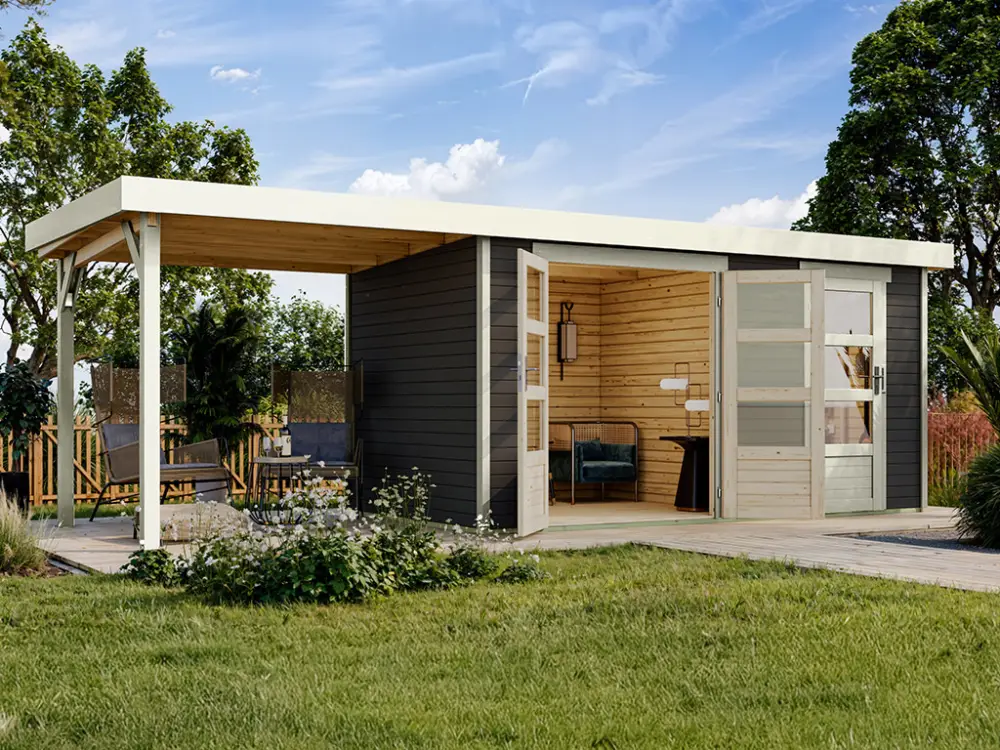 Betrouwbaar Tuinhuis Zweiraumhaus Nordhorn 19 mm terragrijs incl. 2,4 m aanbouwdak