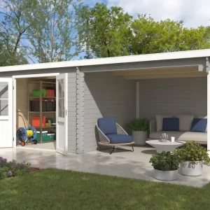 Koop Vandaag Tuinhuis blokhut Orlando exclusief 28 mm lichtgrijs met 3 m aanbouw