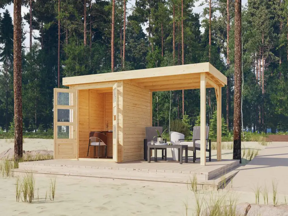 Laatste Versie Tuinhuisje SET Askola 2 19 mm natuurlijke afwerking, incl. 2,8 m lessenaarsdak