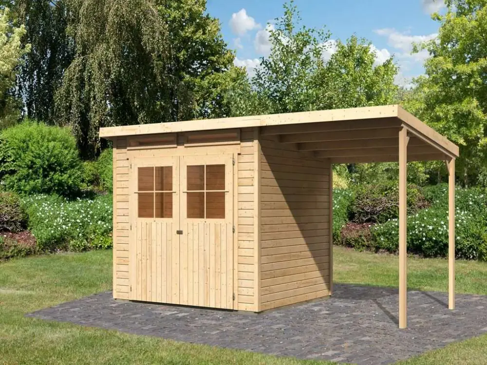 Berging SET Glücksburg 4 19 mm natuurlijke afwerking incl. 1,9 m aanbouwdak Exclusieve Aanbieding