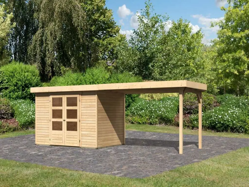 Tuinhuisje SET Askola 4 19 mm natuurlijke afwerking, incl. 2,8 m lessenaarsdak Direct Verzonden
