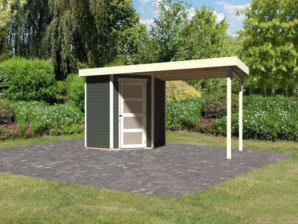 Express Levering Tuinhuis SET Schwandorf 3 19 mm terragrijs, incl. 2,8 m aanbouwdak