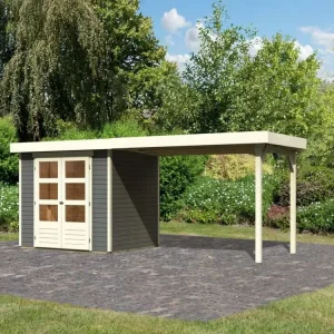 Beperkte Voorraad Tuinhuis Askola 3 19 mm terragrijs incl. 2,8 m aanbouwdak