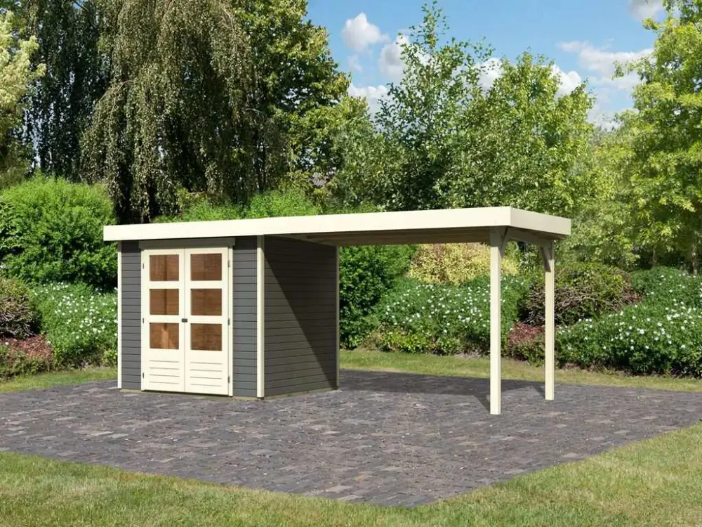 Beperkte Voorraad Tuinhuis Askola 3 19 mm terragrijs incl. 2,8 m aanbouwdak