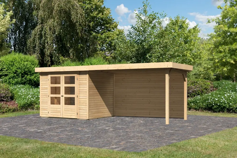 Tuinhuisje SET Askola 3 19 mm natuurlijke afwerking, incl. 2,8 m opbouwdak + achterwand Favoriet