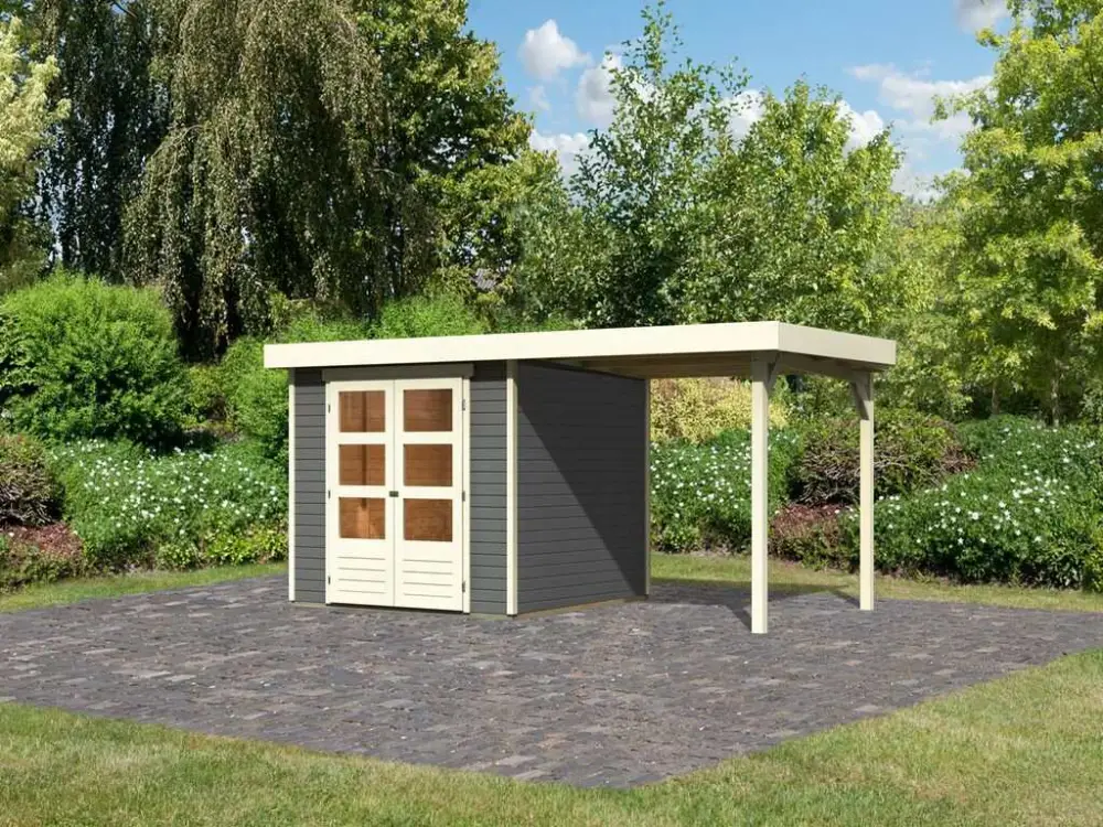 Tuinhuis SET Askola 3,5 19 mm terragrijs, incl. 2,4 m aanbouwdak Merkproduct