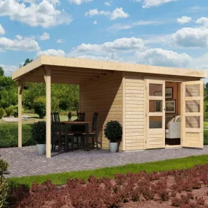 Tuinhuisje SET Askola 6 19 mm natuurlijke afwerking, incl. 2,4 m lessenaarsdak Aanbieding