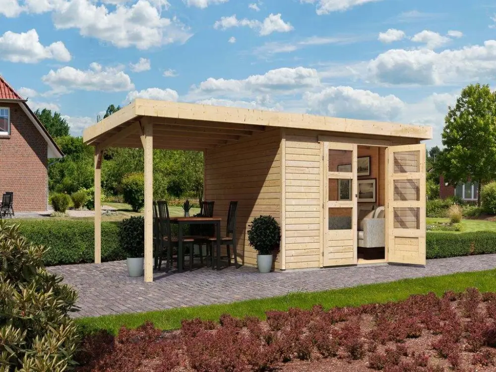 Tuinhuisje SET Askola 6 19 mm natuurlijke afwerking, incl. 2,4 m lessenaarsdak Aanbieding