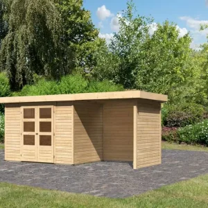 Actieprijs Tuinhuisje SET Askola 4 19 mm natuurlijke afwerking, incl. 2,4 m opbouwdak + zij- en achterwand