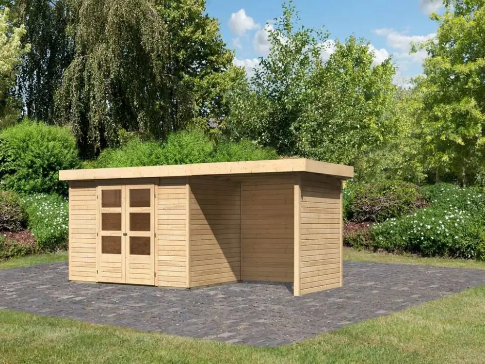 Actieprijs Tuinhuisje SET Askola 4 19 mm natuurlijke afwerking, incl. 2,4 m opbouwdak + zij- en achterwand