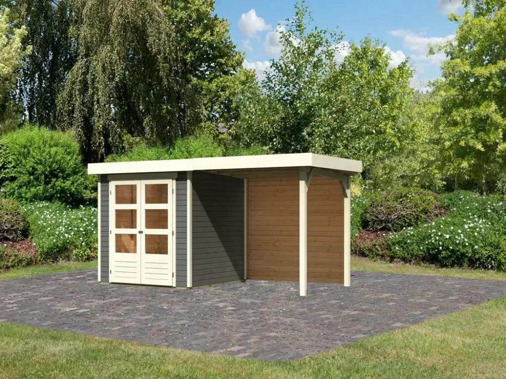 Tuinhuis Askola 2 19 mm terragrijs incl. 2,4 m aanbouwdak + achterwand Goedkoop