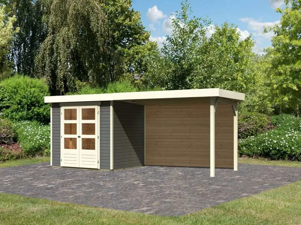 Tuinhuis Askola 3 19 mm terragrijs incl. 2,8 m aanbouwdak + achterwand Fabrieksprijs