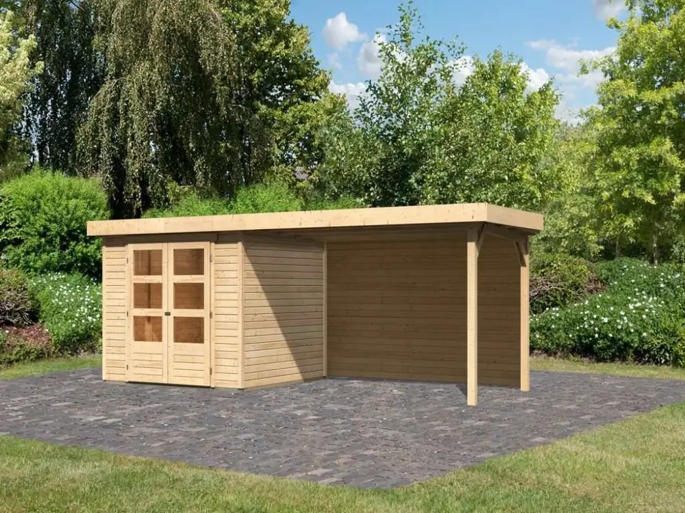 Tuinhuisje SET Askola 3,5 19 mm natuurlijke afwerking, incl. 2,8 m opbouwdak + achterwand Nieuw