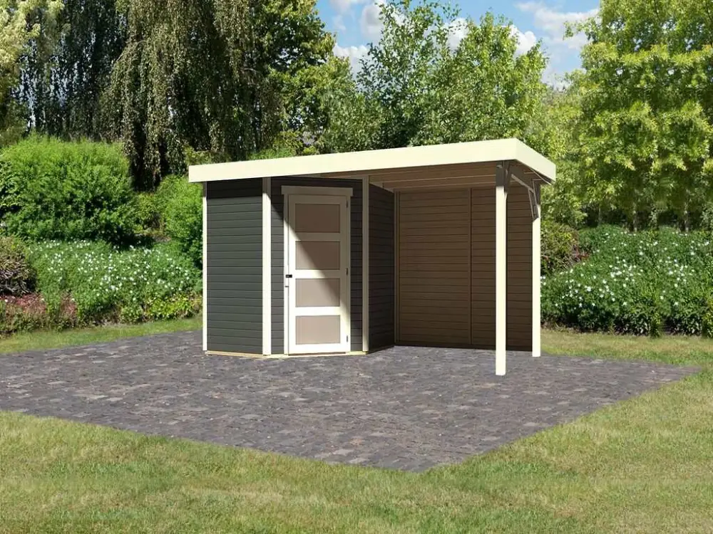 Tuinhuis SET Schwandorf 3 19 mm terragrijs, incl. 2,4 m aanbouwdak + achterwand Fabrieksprijs