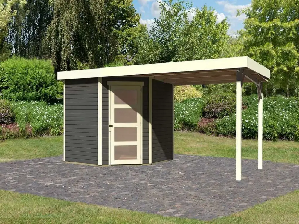 Tuinhuis Schwandorf 5 19 mm terragrijs incl. 2,8 m aanbouwdak Lage Kosten
