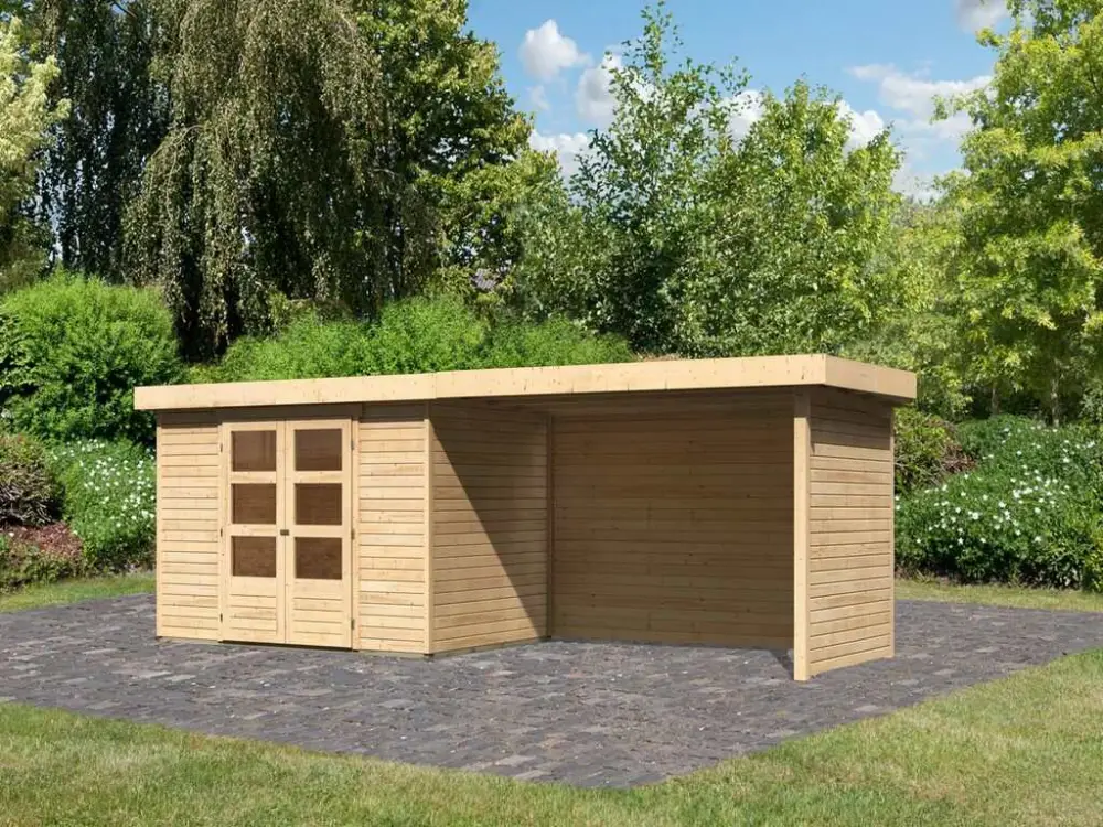 Tuinhuisje SET Askola 4 19 mm natuurlijke afwerking, incl. 2,8 m aangebouwd dak + zij- en achterwand Bestel Nu