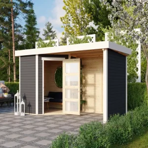 Dagaanbieding Tuinhuisje SET Schwandorf 3 19 mm terra grijs, incl. 2,4 m aanbouwdak + zij- en achterwand