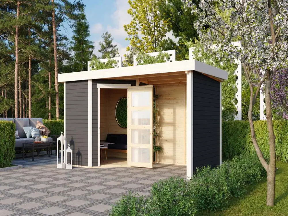 Dagaanbieding Tuinhuisje SET Schwandorf 3 19 mm terra grijs, incl. 2,4 m aanbouwdak + zij- en achterwand