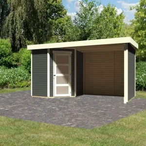 Actieprijs Tuinhuisje SET Schwandorf 3 19 mm terra grijs, incl. 2,8 m aanbouwdak + zij- en achterwand