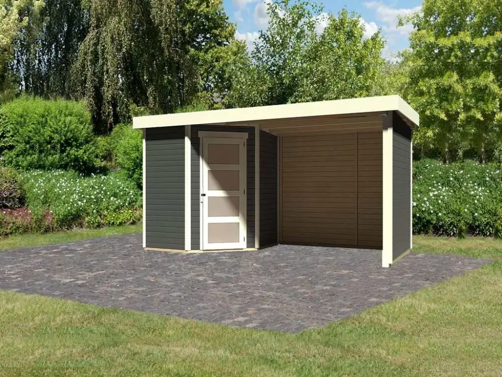 Actieprijs Tuinhuisje SET Schwandorf 3 19 mm terra grijs, incl. 2,8 m aanbouwdak + zij- en achterwand