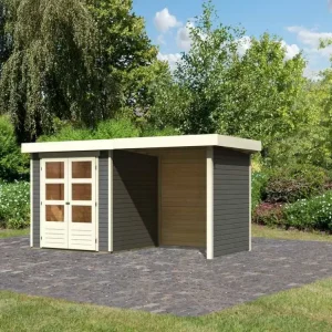 Betaalbaar Tuinhuisje Askola 2 19 mm terra grijs incl. 2,4 m aangebouwd dak + zij- en achterwand