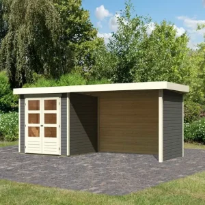 Tuinhuisje Askola 2 19 mm terra grijs incl. 2,8 m aangebouwd dak + zij- en achterwand Hete Deal