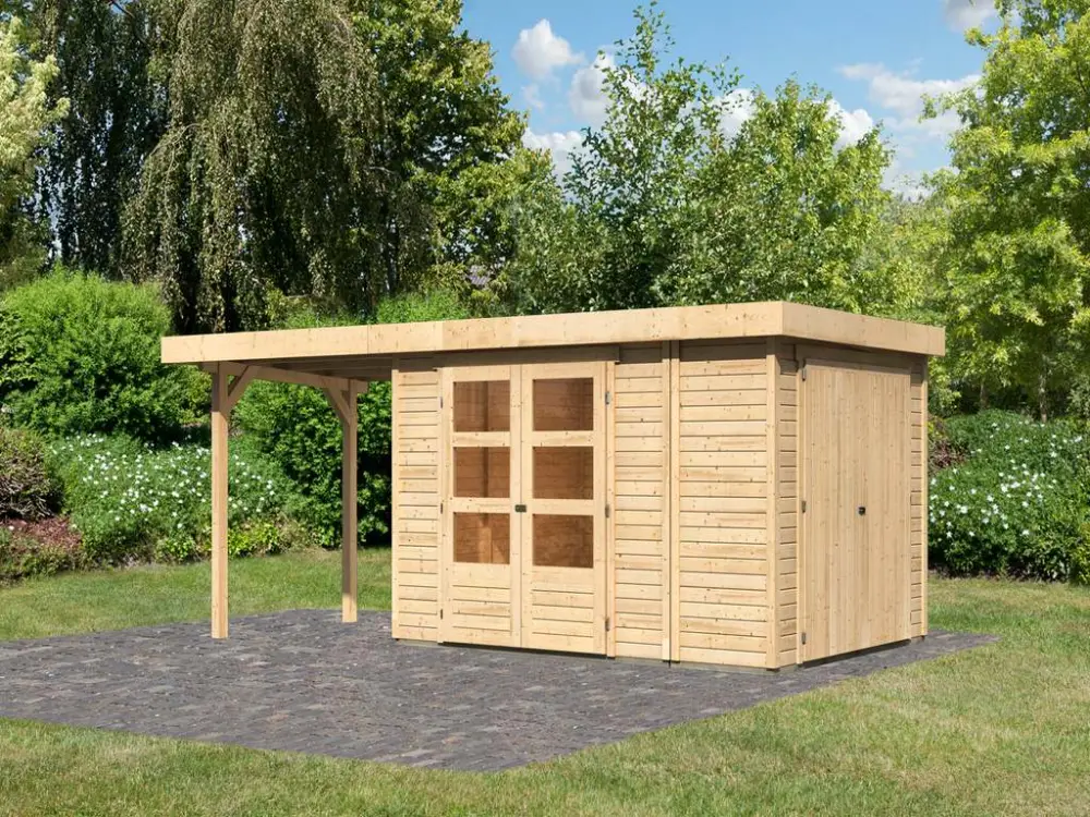 berging SET Retola 4 19 mm natuurlijke afwerking, incl. 2,4 m aanbouwdak + aanbouwkast Meest Verkocht