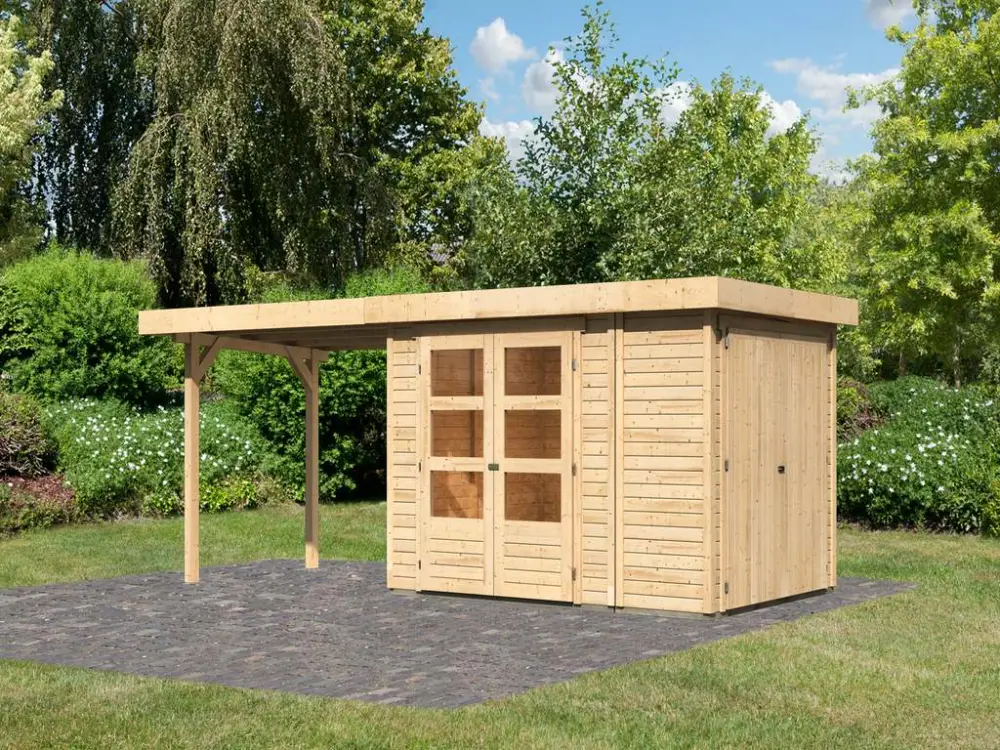 Laatste Kans berging SET Retola 2 19 mm natuurlijke afwerking, incl. 2,8 m aanbouwdak + aanbouwkast