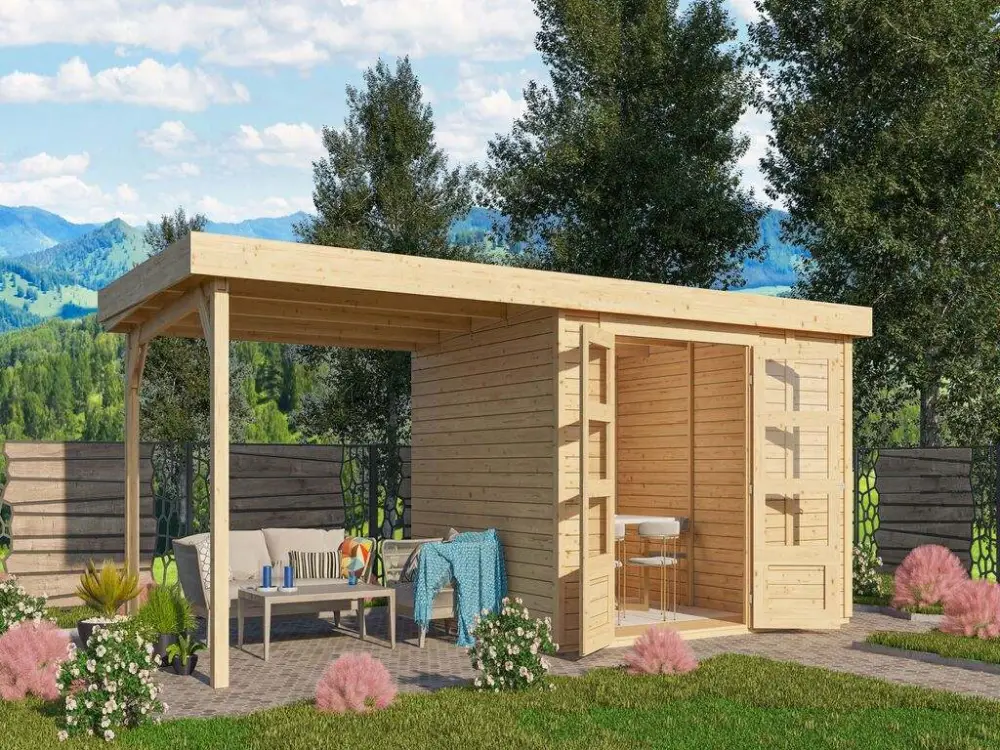 Meest Verkocht berging SET Retola 4 19 mm natuurlijke afwerking, incl. 2,8 m aanbouwdak + aanbouwkast