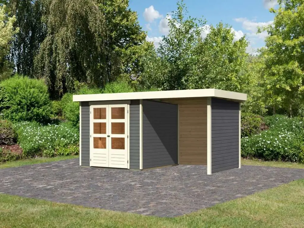 Hete Deal Tuinhuisje SET Askola 3,5 19 mm terra grijs, incl. 2,4 m opbouwdak + zij- en achterwand
