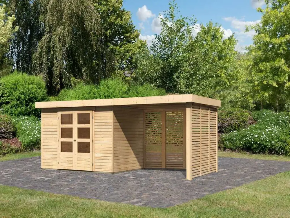 Tuinhuisje SET Askola 4 19 mm natuurlijke afwerking, incl. 2,8 m opbouwdak + lattenwanden Betaalbaar
