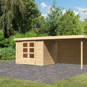 Koop Online Tuinhuisje SET Askola 5 19 mm natuurlijke afwerking, incl. 2,8 m aangebouwd dak + achterwand