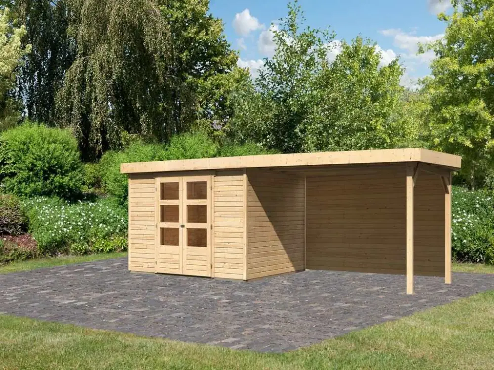 Koop Online Tuinhuisje SET Askola 5 19 mm natuurlijke afwerking, incl. 2,8 m aangebouwd dak + achterwand