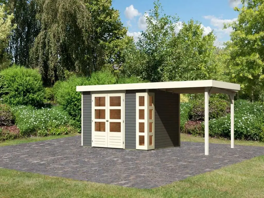 Tuinhuis SET Kerko 5 19 mm terragrijs, incl. 2,4 m aanbouwdak Fabrieksprijs
