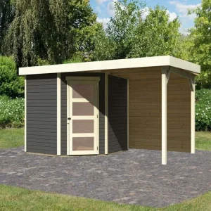 Tuinhuis Schwandorf 5 19 mm terragrijs incl. 2,4 m aanbouwdak + achterwand Koopje
