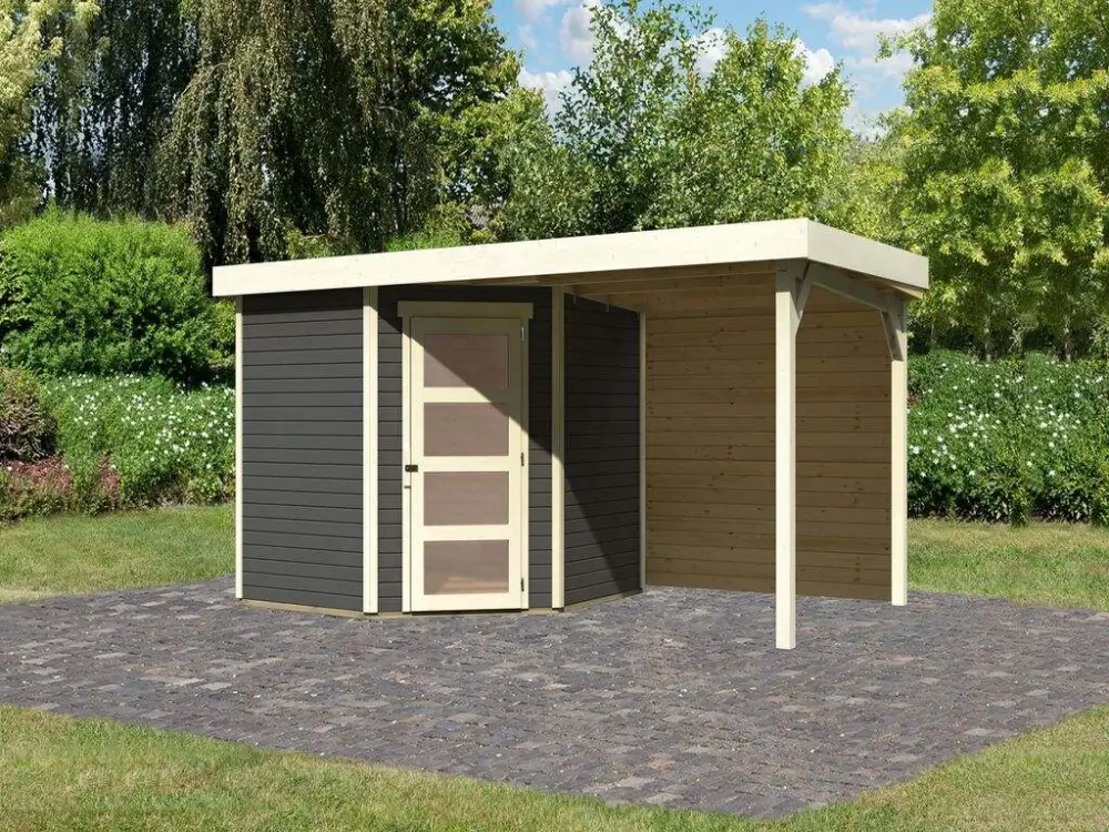 Tuinhuis Schwandorf 5 19 mm terragrijs incl. 2,4 m aanbouwdak + achterwand Koopje