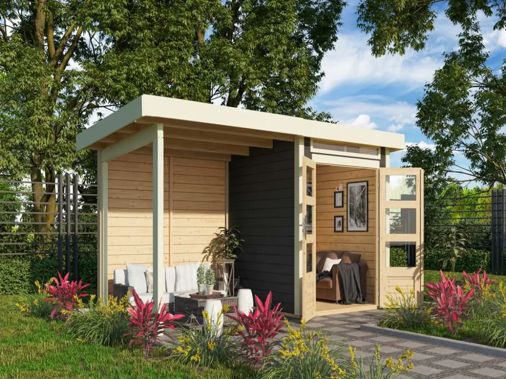 Tuinberging SET Kandern 1 28 mm terra grijs, incl. 2,6 m aangebouwd dak + achterwand Fabrieksprijs