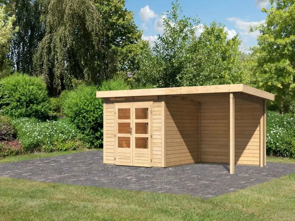 Actieprijs Tuinhuis SET Kandern 3 28 mm natuurlijke afwerking, incl. 2,6 m aanbouwdak + achterwand