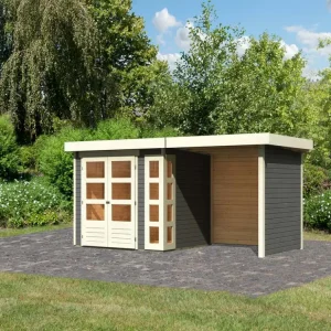 Tuinhuisje SET Kerko 3 19 mm terra grijs, incl. 2,4 m aangebouwd dak + zij- en achterwand Express Levering