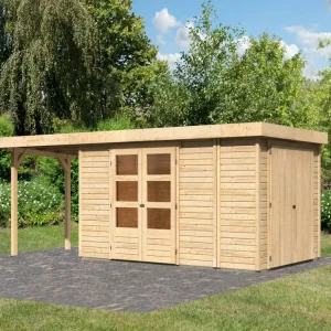 Gereduceerde Prijs berging SET Retola 6 19 mm natuurlijke afwerking, incl. 2,4 m aanbouwdak + aanbouwkast