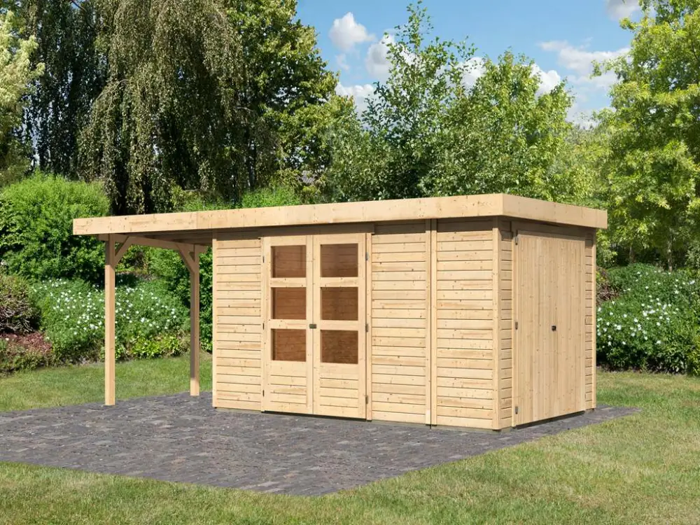 Gereduceerde Prijs berging SET Retola 6 19 mm natuurlijke afwerking, incl. 2,4 m aanbouwdak + aanbouwkast