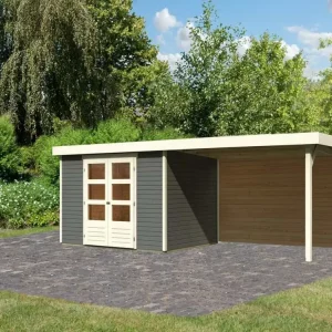 Bestel Nu Tuinhuis SET Askola 5 19 mm terragrijs, incl. 2,8 m aanbouwdak + achterwand