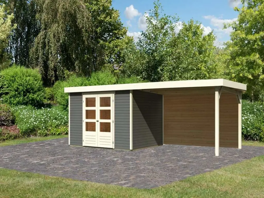 Bestel Nu Tuinhuis SET Askola 5 19 mm terragrijs, incl. 2,8 m aanbouwdak + achterwand
