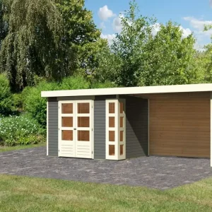 Voordeelprijs Tuinhuis SET Kerko 4 19 mm terragrijs, incl. 2,8 m aanbouwdak + achterwand